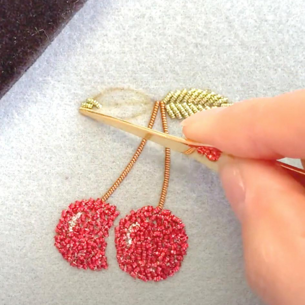 goldwork, gold work, Goldwork cherry, cherry, fruit, embroidery, online class, kit, chipping, red, gold, equipment, Mellor
